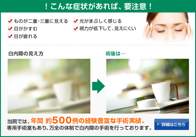 ！こんな症状があれば、要注意！ ものが二重・三重に見える 光がまぶしく感じる 目がかすむ 視力が低下して、見えにくい 目が疲れる 目が痛い、充血している 白内障の見え方 術後は… 当院では、年間平均300～400の経験豊富な手術実績 専用手術室もあり、万全の体制で白内障の手術を行っております。 詳細はこちら